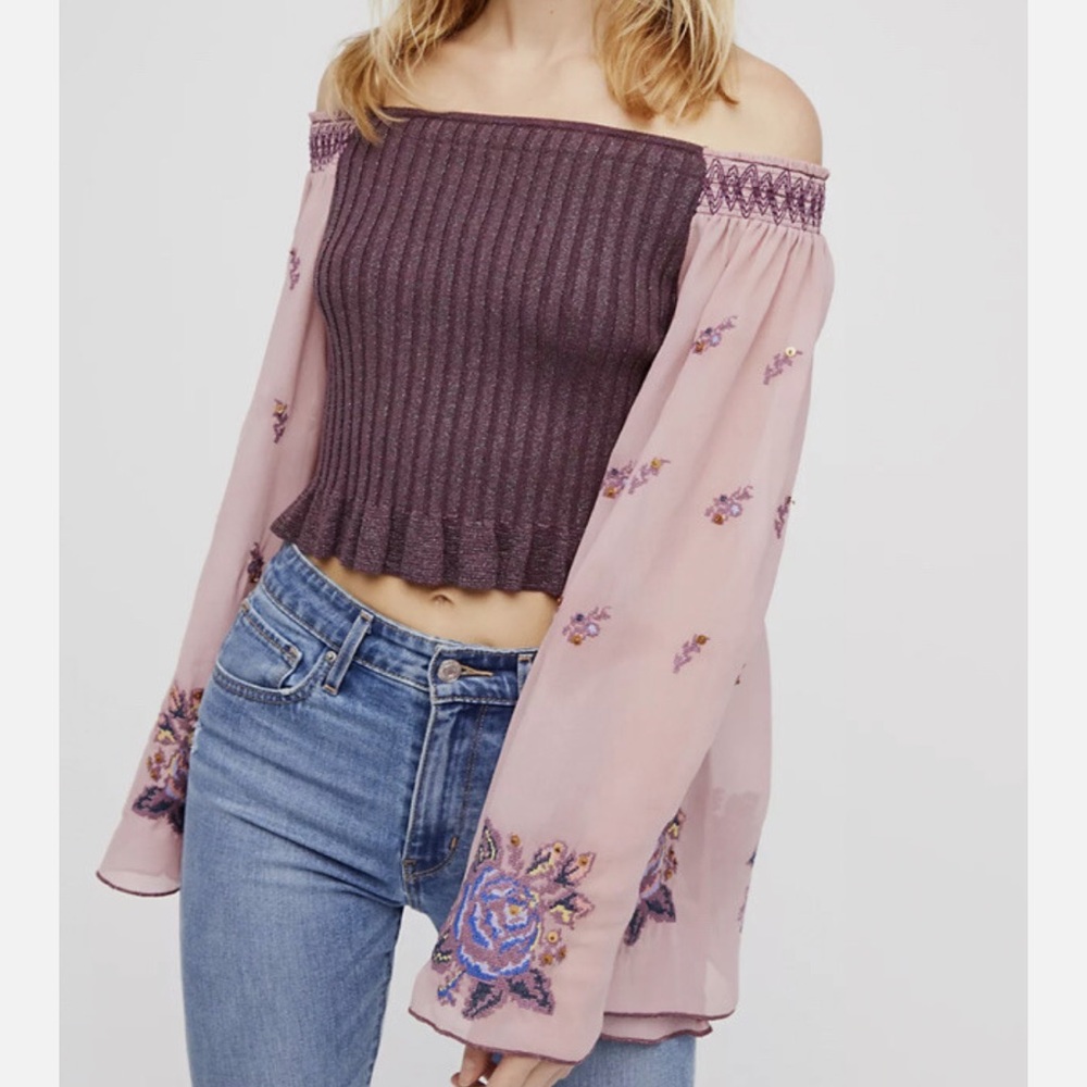 Free people Embroidered Mauve Sweater with Bell Sleeves